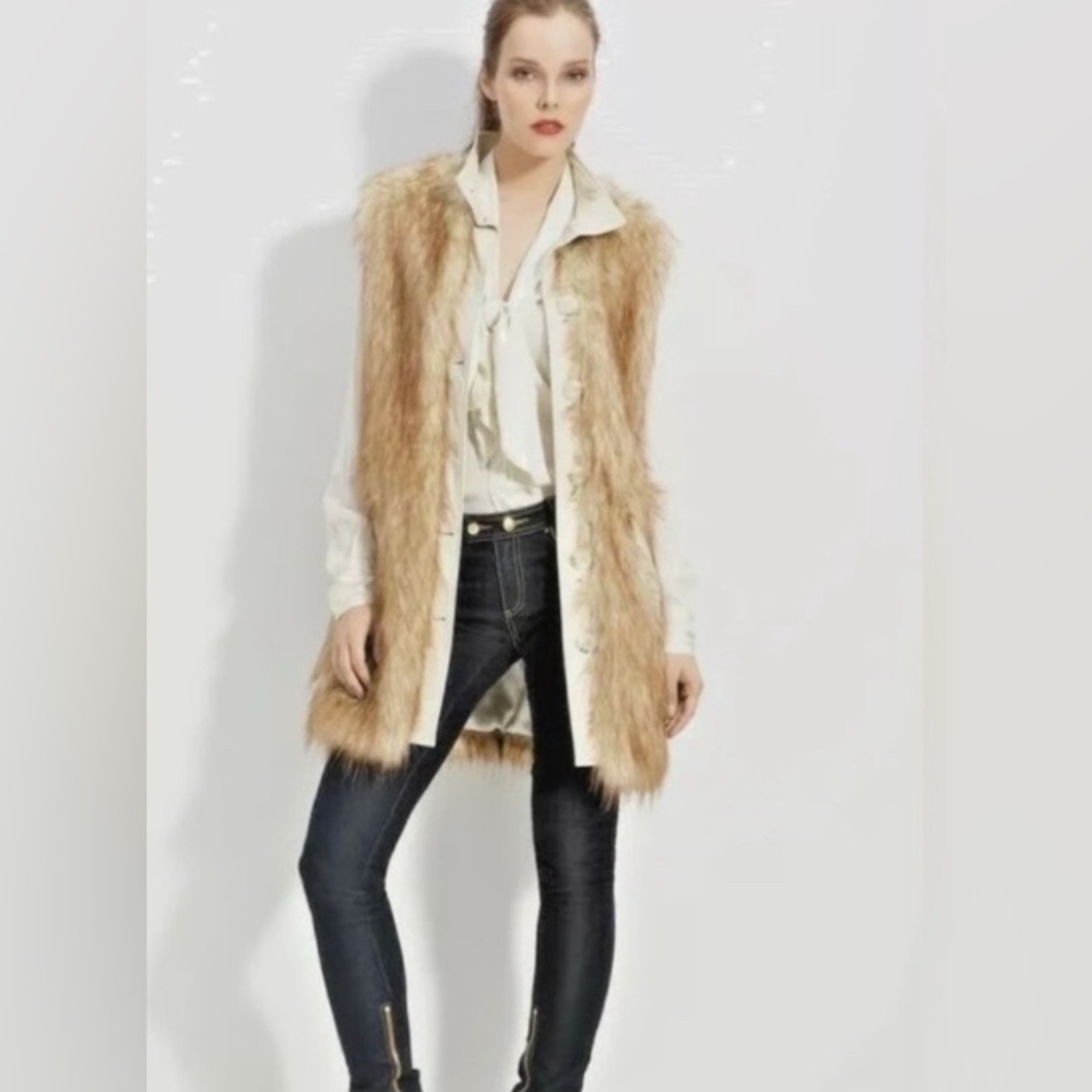 Rachel Zoe Faux Fur Real Leather Trim Long Vest